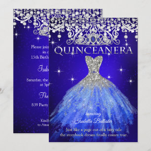 Quinceanera 15th Birthday Royal Blue Tiara Invitation