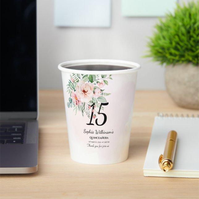 Quinceanera 15th Birthday Rustic Floral Custom Paper Cups (Insitu)