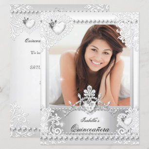 Quinceanera 15th Birthday Silver White Hearts 3 Invitation