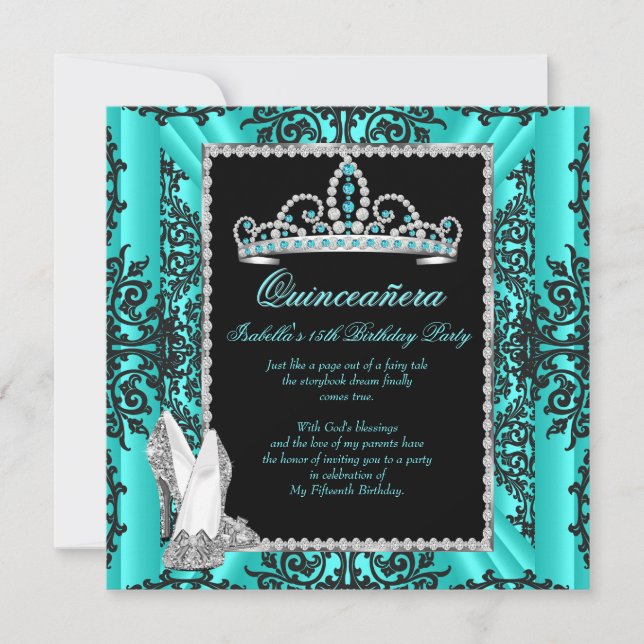 Quinceanera 15th Birthday Teal Blue Black Lace Invitation (Front)