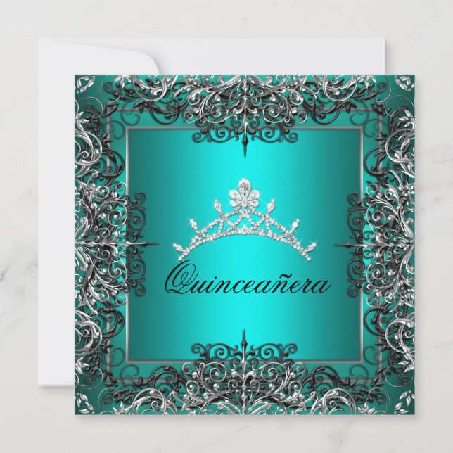Quinceanera 15th Birthday Teal Blue Black Lace Invitation (Front)