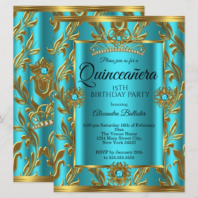 Quinceanera 15th Birthday Teal Blue Tiara Gold 2 Invitation (Front/Back)