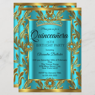 Quinceanera 15th Birthday Teal Blue Tiara Gold 2 Invitation