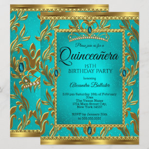 Quinceanera 15th Birthday Teal Blue Tiara Gold Invitation
