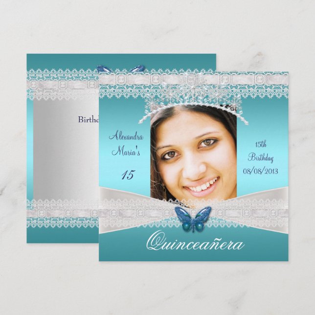 Quinceañera 15th Birthday Teal White Lace Photo Invitation (Front/Back)
