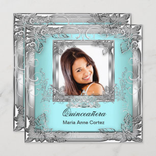 Quinceañera 15th Birthday Teal White Silver Tiara Invitation