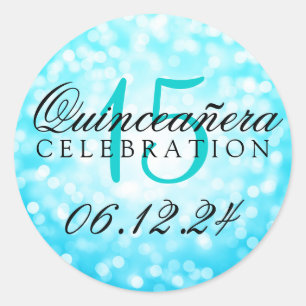 Quinceanera 15th Birthday Turquoise Bokeh Lights Classic Round Sticker