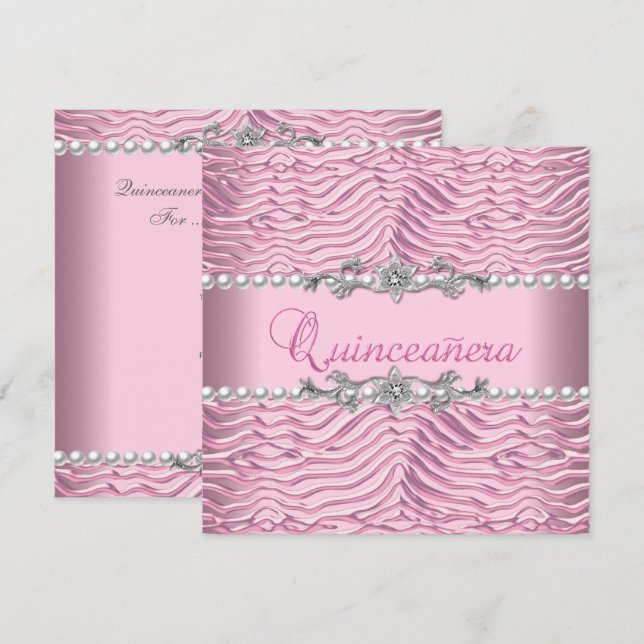 Quinceanera 15th Birthday White Pearl Pink Zebra Invitation (Front/Back)
