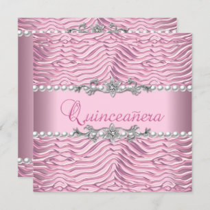 Quinceanera 15th Birthday White Pearl Pink Zebra Invitation