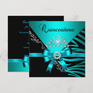 Quinceanera 15th Birthday Zebra Blue Black Tiara Invitation