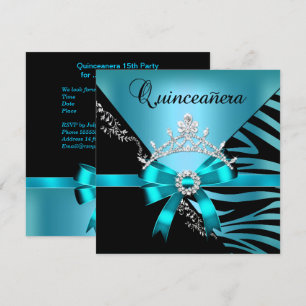 Quinceanera 15th Birthday Zebra Blue Black Tiara Invitation