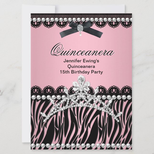 Quinceanera 15th Black Pink Zebra Tiara Invitation (Front)