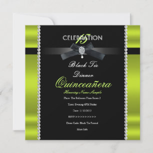Quinceanera 15th Black Tie Lime Green Black Party Invitation
