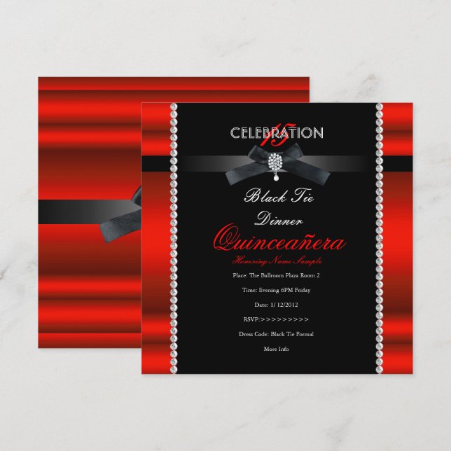 Quinceanera 15th Black Tie Regal Red Black Party Invitation (Front/Back)