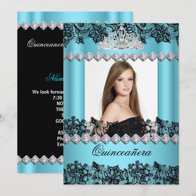Quinceanera 15th Blue Black White Lace Photo Invitation (Front/Back)