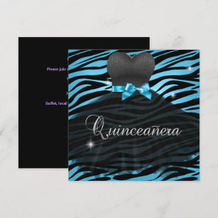 Quinceanera 15th Blue Black Zebra Dress Invitation