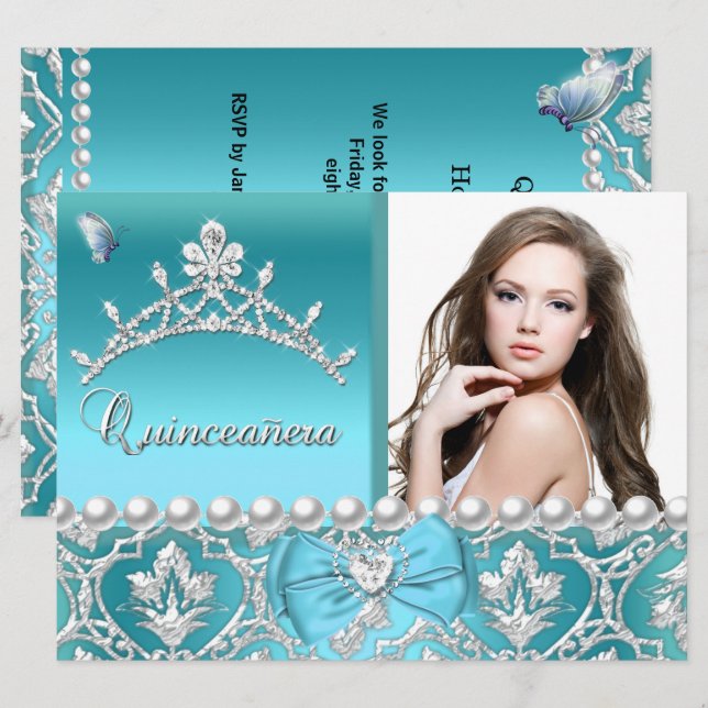 Quinceanera 15th Blue Damask Butterfly Add Photo Invitation (Front/Back)