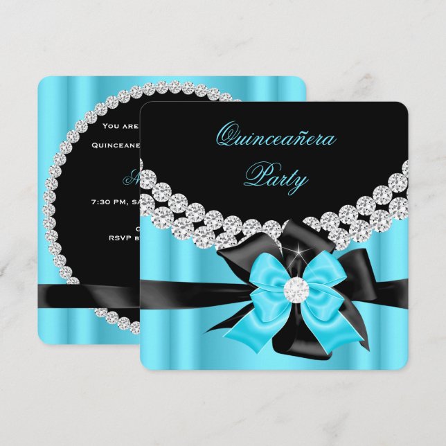 Quinceanera 15th Blue Silver Black Bow Diamonds 2 Invitation (Front/Back)
