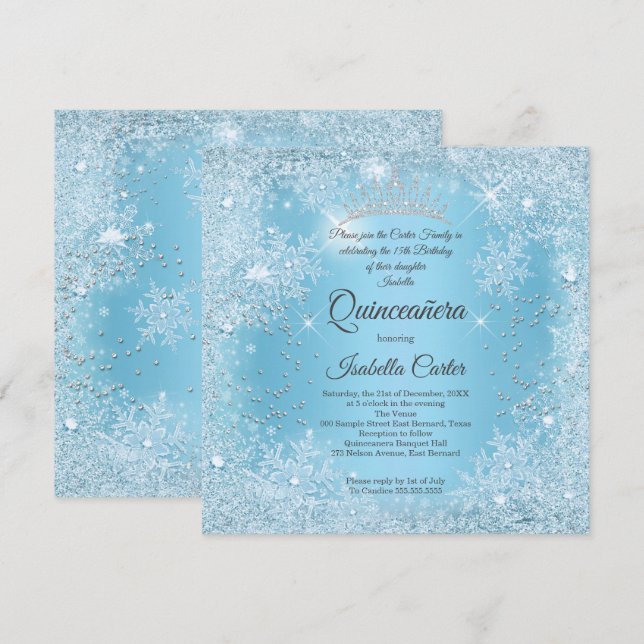 Quinceanera 15th Blue Snowflake Winter Birthday Invitation (Front/Back)