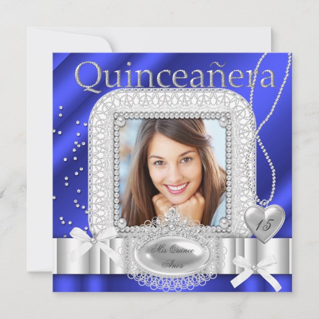 Quinceanera 15th Blue White Lace Pearl Photo Invitation (Front)