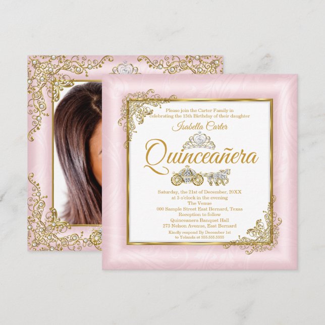 Quinceanera 15th Blush Pink Photo Carriage Invitation (Front/Back)