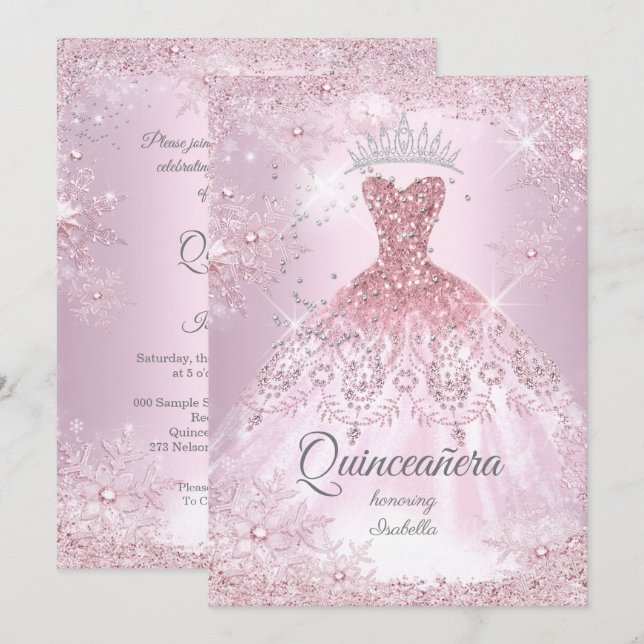 Quinceanera 15th blush pink Snowflake Winter Dress Invitation (Front/Back)