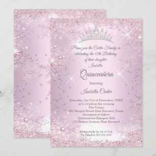 Quinceanera 15th Blush Pink Snowflake Winter Invitation