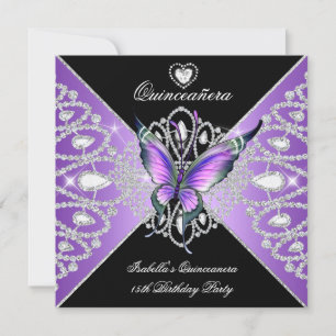 Quinceanera 15th Butterfly Purple Black Tiara Invitation