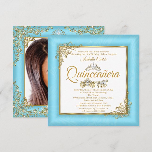 Quinceanera 15th Cinderella Blue Pearl Tiara Photo Invitation (Front/Back)