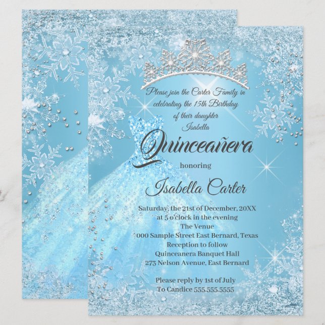 Quinceanera 15th Cinderella Blue Snowflake Winter  Invitation (Front/Back)