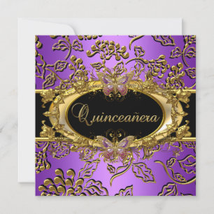 Quinceanera 15th Damask Purple Gold Black Invitation