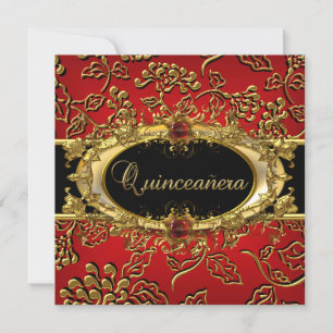 Quinceanera 15th Damask Red Gold Black Invitation