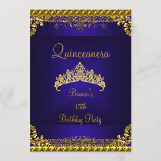 Quinceanera 15th Deep Blue Gold Diamond Tiara Invitation