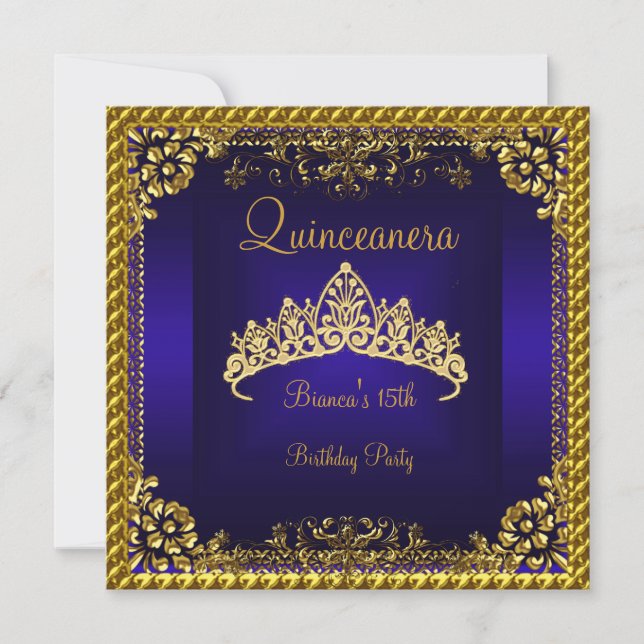 Quinceanera 15th Deep Blue Gold Diamond Tiara Invitation (Front)