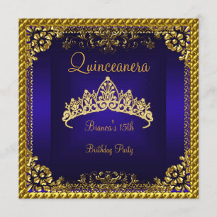 Quinceanera 15th Deep Blue Gold Diamond Tiara Invitation