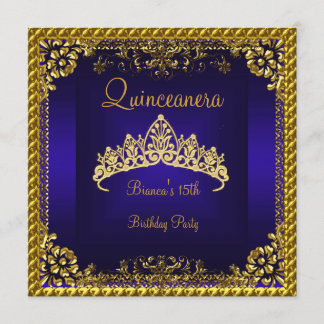 Quinceanera 15th Deep Blue Gold Diamond Tiara Invitation