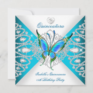 Quinceanera 15th Deep Teal Blue Butterfly Tiara Invitation