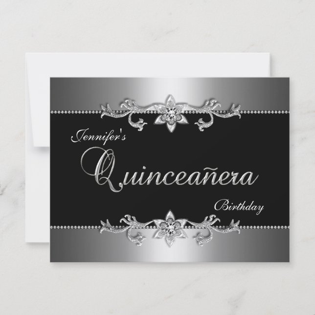 Quinceanera 15th Elegant Black Silver Jewel Party Invitation (Front)
