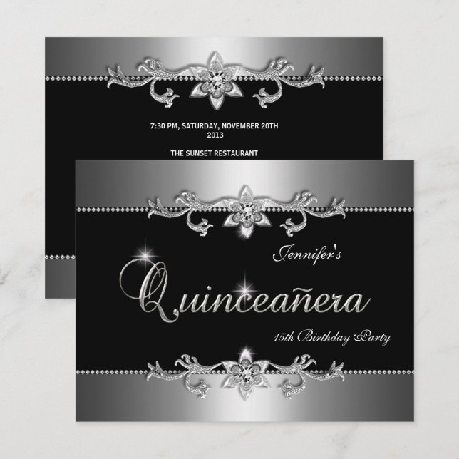 Quinceanera 15th Elegant Black Silver Jewel Party Invitation (Front/Back)