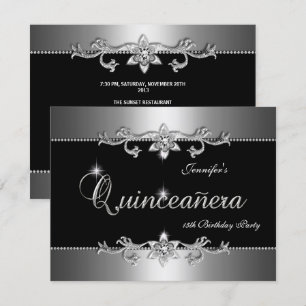 Quinceanera 15th Elegant Black Silver Jewel Party Invitation