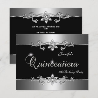 Quinceanera 15th Elegant Black Silver Jewel Party Invitation