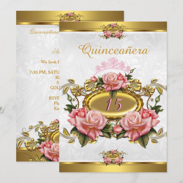 Quinceanera 15th Elegant Pink Gold Roses White Invitation (Front/Back)