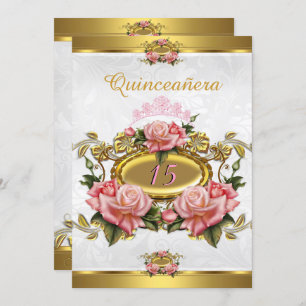 Quinceanera 15th Elegant Pink Gold Roses White Invitation