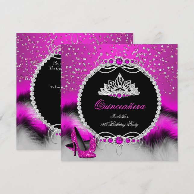 Quinceanera 15th Feather Hot Pink Glamour Heels Invitation (Front/Back)