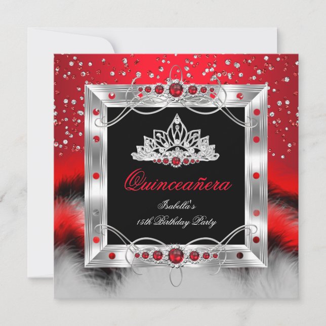 Quinceanera 15th Feather Red Pearl Glamour Invitation (Front)