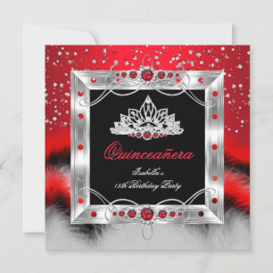 Quinceanera 15th Feather Red Pearl Glamour Invitation