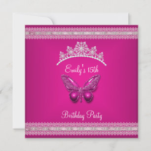 Quinceanera 15th Fushia Pink Tiara Butterfly Invitation