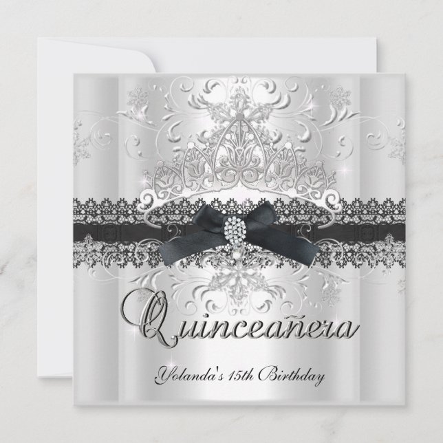 Quinceanera 15th Glitter Tiara Black White Bow Invitation (Front)