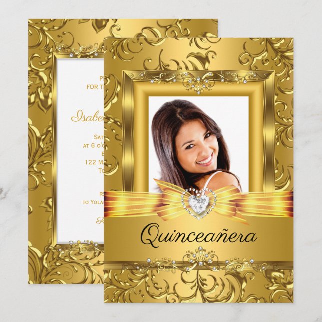 Quinceanera 15th Gold Damask Photo Pearl Invitation (Front/Back)