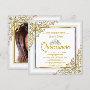 Quinceanera 15th Gold White Pearl Tiara Photo Invitation